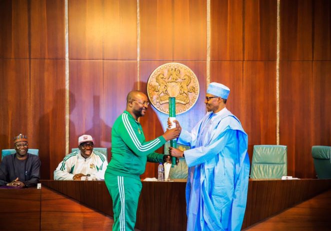 2020 NSF Gets Presidential Support As Buhari Recieve Unity Torch, Commends Sports Minister