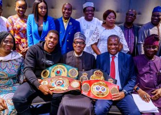 Anthony Joshua Presents Belts To President Buhari In London,  prostrates In Deference