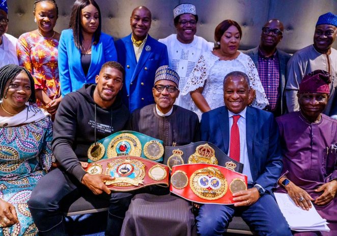 Anthony Joshua Presents Belts To President Buhari In London,  prostrates In Deference